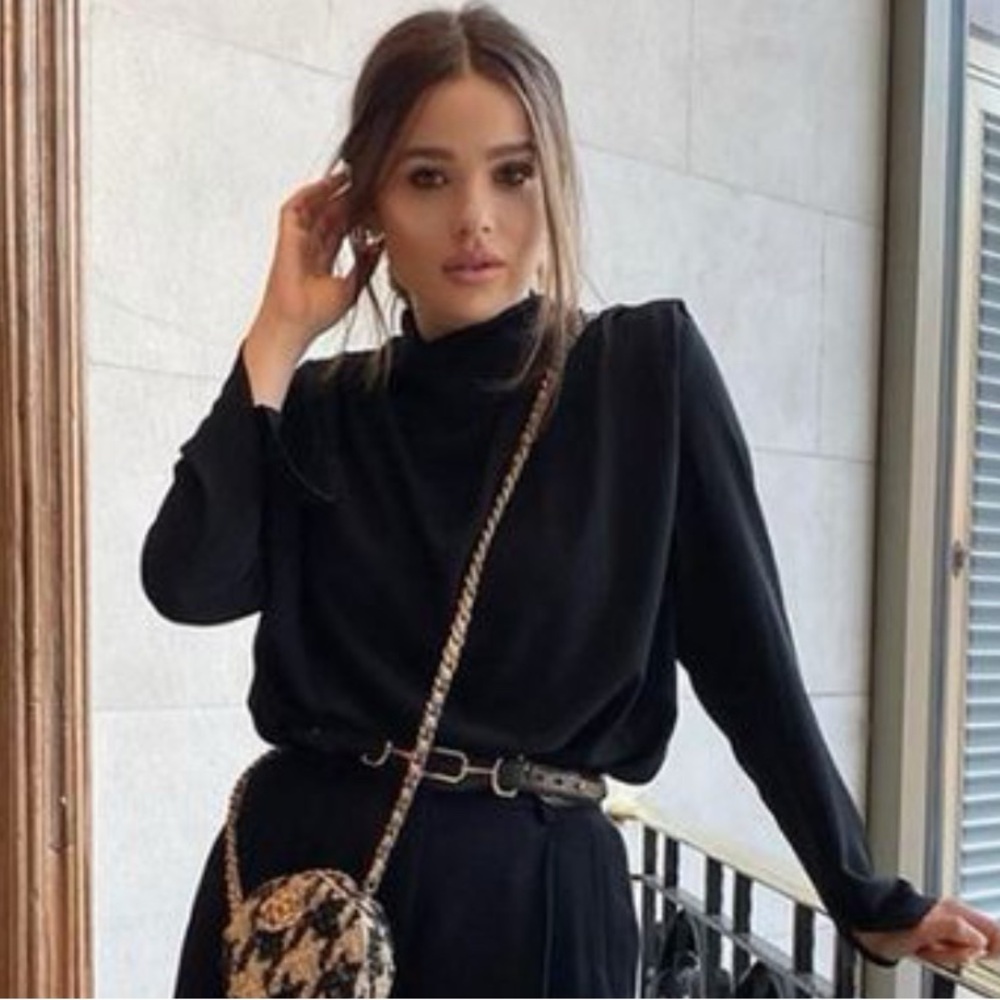 Zara Black Blouse with Long Sleeves and High Neckline